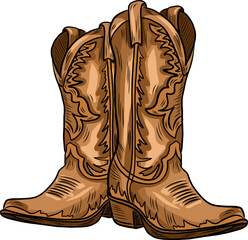 Vector cowboy boots. Hand painted rodeo theme design. Countryside western illustration. Farmhouse rustic clipart. Wild West.