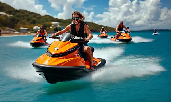 Man riding orange jet ski on blue ocean with other riders behind under sunny sky. Concept of summer vacation and excitement