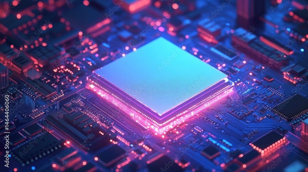 Poster a close-up view of a futuristic microprocessor surrounded by intricate circuitry. showcasing glowing