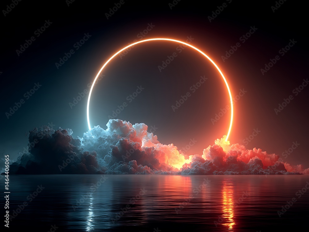 Poster abstract cloud illuminated by a neon light ring on a dark background, creating a futuristic digital 