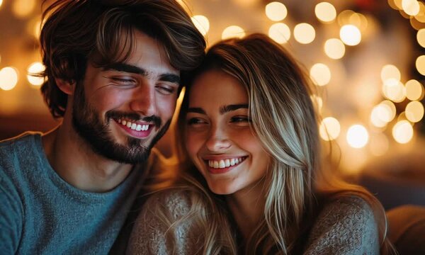 Smiling caucasian couple in cozy lighting, close together with warm expressions on blurred bokeh festive background. Romantic relationship concept