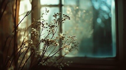 Soft, delicate flowers by a window pane.