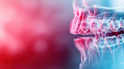 This artistic representation showcases a stylized X-ray of a human jaw and teeth, highlighting dental structures with vibrant colors and abstract elements for visual impact.