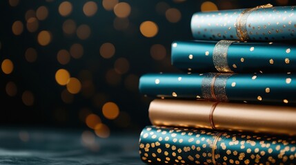 A visually appealing array of gift-wrapping paper in teal shades with gold polka dots and stripes, beautifully highlighting the essence of gifting and celebration.