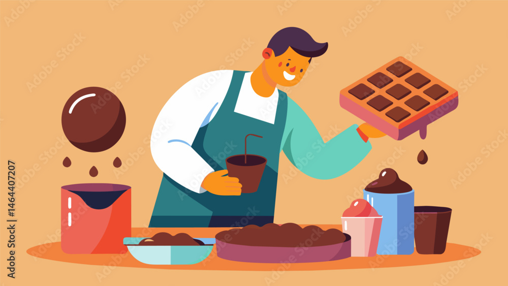 Poster a person melting different types of chocolate and pouring them into funshaped molds to create homema