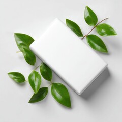 Minimalist White Box with Green Leaves on White Background