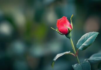 Fresh red rose bud against a blurred green background showcasing natural beauty and elegance, perfect for floral-themed designs and romantic concepts.