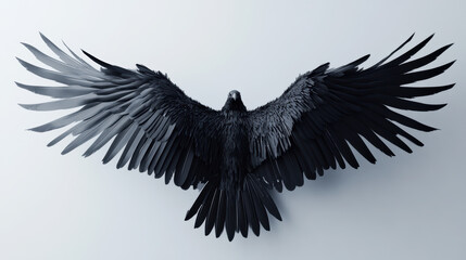 Naklejka premium Black bird soa with fully extended wings in mid-flight showcasing detailed feathers, dynamic pose, and a minimalistic light gray background for artistic and nature themes