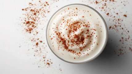 Eggnog with creamy texture and cinnamon sprinkle on white background perfect for holiday drink photography