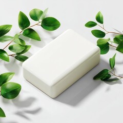 Natural Soap Bar with Greenery on White Background