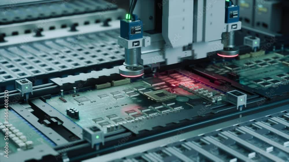 Poster Factory Machine at Work: Printed Circuit Board Being Assembled with Automated Machinery, Surface Mounted Technology Connecting Microchips to the Motherboard. Industrial Macro Close Up Footage
