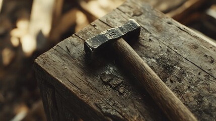 Dark metal hammer resting on rustic wooden workbench.