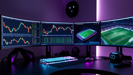 This high-resolution image captures a modern, high-tech trading room setup that doubles as a gaming workstation. The sleek black desk features four curved monitors