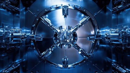 Massive circular metal vault door in secure bank setting featuring intricate locking mechanism and sleek industrial design in cool blue hues. Safeguarding sensitive