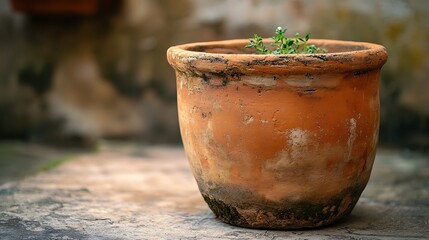 Rustic terracotta pot with a small plant.