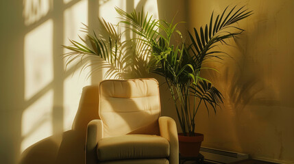 Obraz premium Brightly lit modern living room corner with beige armchair and large indoor plant creating cozy atmosphere and natural sunlight streaming through window