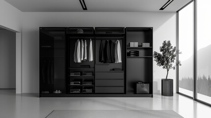 Modern minimalist walk-in closet with black wardrobe, organized clothing and shelves, large window overlooking nature, clean and stylish interior design