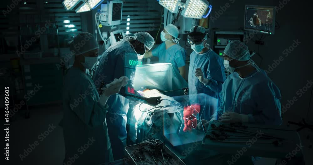 Poster Surgeons Using Advanced Augmented Reality System in a Modern Operating Room, Female Utilizing Holographic Visuals of Patient's Vital Organs. Saving Lives with Innovative Healthcare Technology