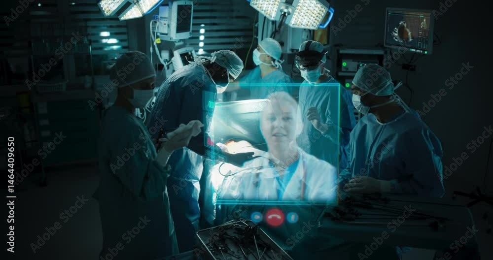 Aufkleber female surgeon wearing a headset, using augmented reality technology in a high-tech operating room. 