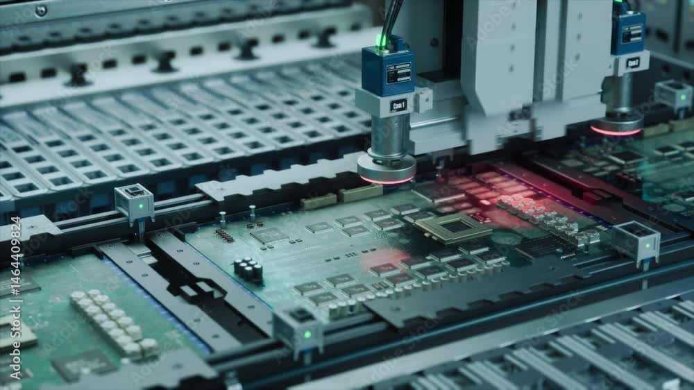 Poster Automated Electronic Components Assembly on an Advanced Factory Conveyor, Working on Circuit Board and Chip Manufacturing. Technological Microelectronics Fabrication Industry Footage