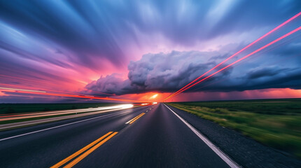 Long Exposure Journey: Colorful Road Leading into Dramatic Stormy Sunset