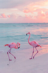 pink flamingos against the sea