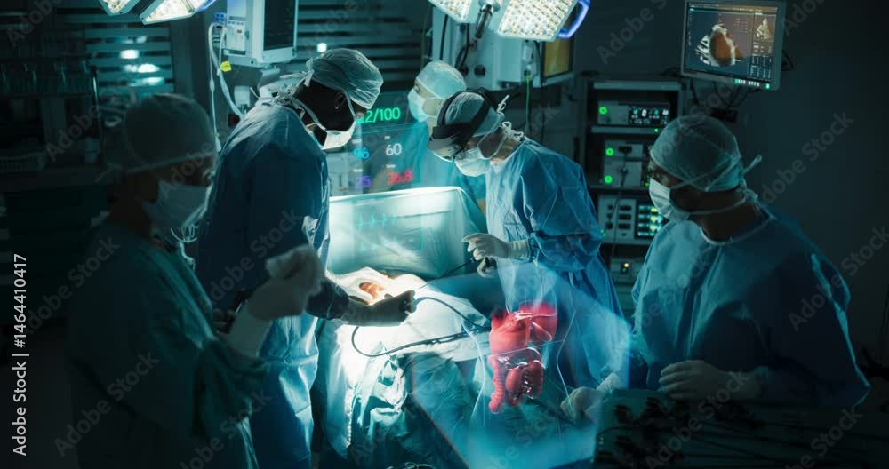 Poster diverse team or surgeons in a modern operating room using augmented reality technology, projecting 3