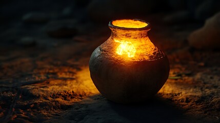 Illuminated earthenware jar illuminating a dark setting.