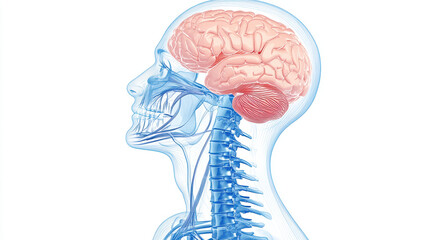 Detailed side view of human brain and spinal cord anatomy with focus on brain tissue and cervical spine in a medical illustration style