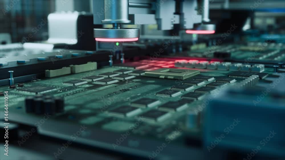 Poster Automated Machinery Assembling Circuit Boards and Graphics Processing Units on a Conveyor. Microelectronics Manufacturing in a Modern Facility. High-Tech Industrial Technology Production