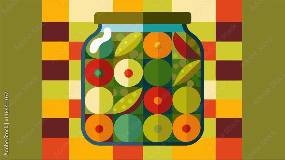 Poster a jar of assorted olives and pickles looking like a colorful mosaic with each different piece.. vect