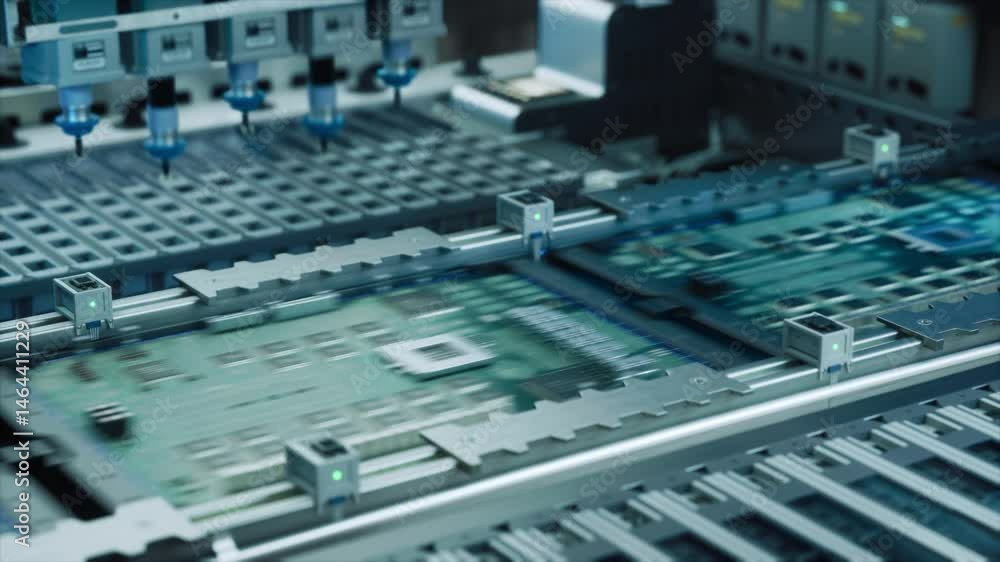 Poster Close Up Macro Footage of Electronic Printed Circuit Board Being Assembled with Automated Robotic Arm, Surface Mounted Technology Connecting Microchips, Semiconductors, Capacitors to the Motherboard