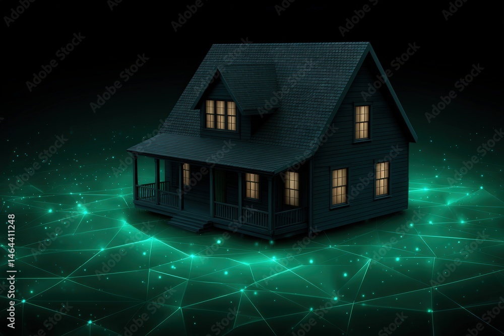 Poster innovative modern house design illuminated against an enchanting digital network background showcasi