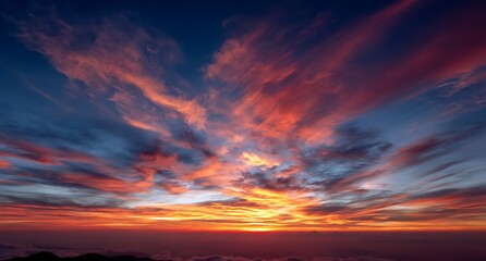 Beautiful sunset sky with colorful clouds, a vibrant orange and pink sunset sky, a view from above the cloud horizon