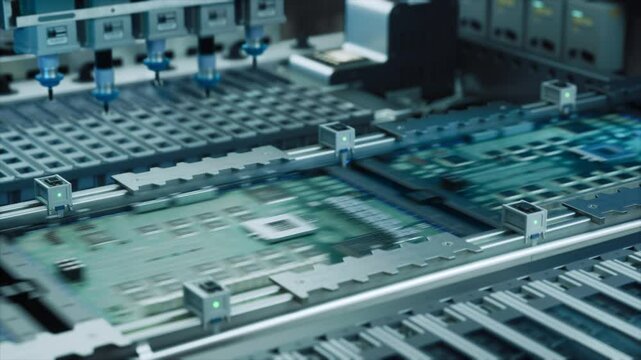 Close Up Macro Footage of Electronic Printed Circuit Board Being Assembled with Automated Robotic Arm, Surface Mounted Technology Connecting Microchips, Semiconductors, Capacitors to the Motherboard