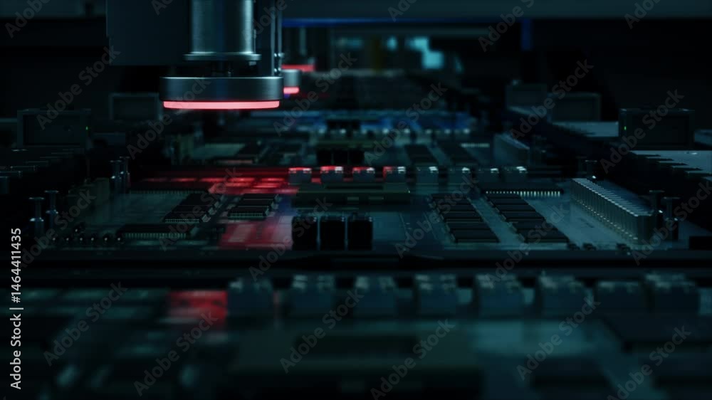 Poster Innovative Manufacturing Factory with Industrial Robots Producing Circuit Boards in a High-Tech Automated Factory. Advanced Facility Building Microelectronics Components with PCB Prototyping Machines
