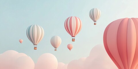 Naklejka premium Colorful hot air balloons floating gently in a serene sky above fluffy clouds, creating a dreamy landscape that inspires adventure and exploration.