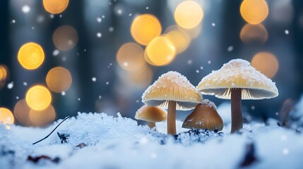 Three small mushrooms in the snow with warm lights.