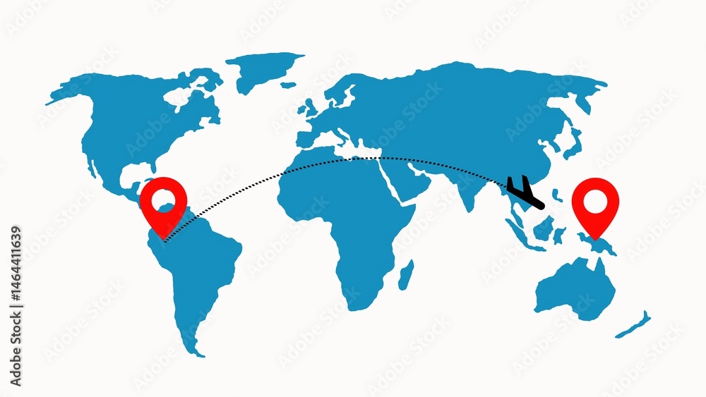 Poster flat world map illustration with a red location pin marking points on the earth's surface and a flig