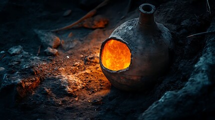 Illuminated earthenware vessel by a crackling campfire.