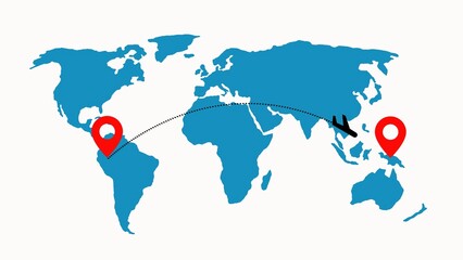Flat world map illustration with a red location pin marking points on the earth's surface and a flight path illustrating an international travel concept.