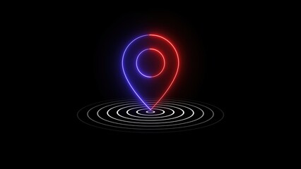 Futuristic glowing location marker on a black background concept illustrating travel navigation gps and digital mapping for website design
