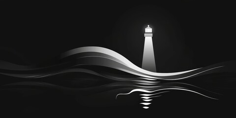 Fototapeta premium Majestic Lighthouse Illuminating Waves Under Moonlight in a Serene Black and White Seascape With Reflections and Gentle Coastal Atmosphere