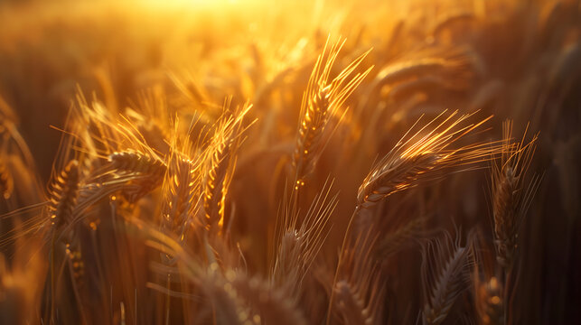 close-up of wheat ears with pre-sunset lighting, wheat background