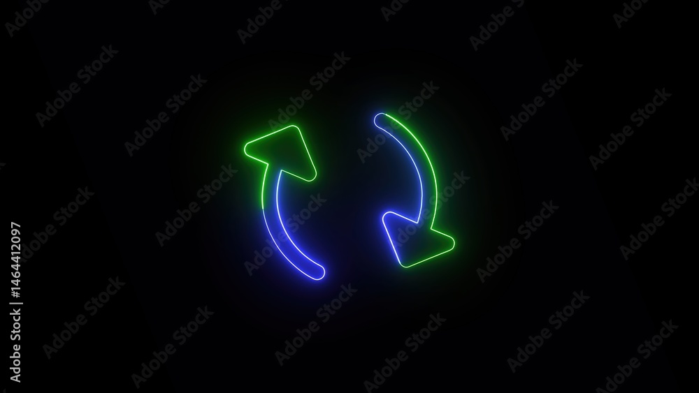Poster illuminated neon circular arrows icon design on a dark background showing direction repeat and loop 