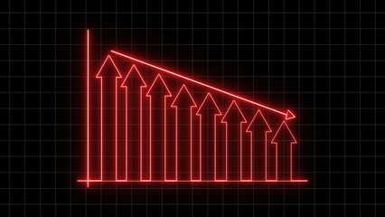 Abstract red neon glowing downward trend line graph on black grid illustrating declining market dynamics and financial losses in business