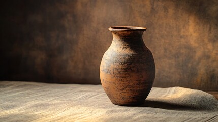 Rustic earthenware pitcher on a wooden surface.