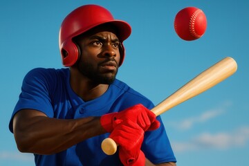 Focused baseball player preparing to hit ball mid-air on sunny day
