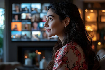 Woman contemplating screen images digital communication introspection