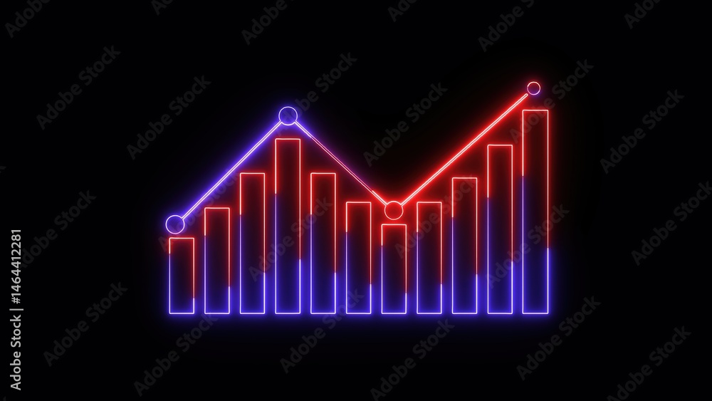 Poster glowing neon business financial chart showing growth and decline over time against a black backgroun